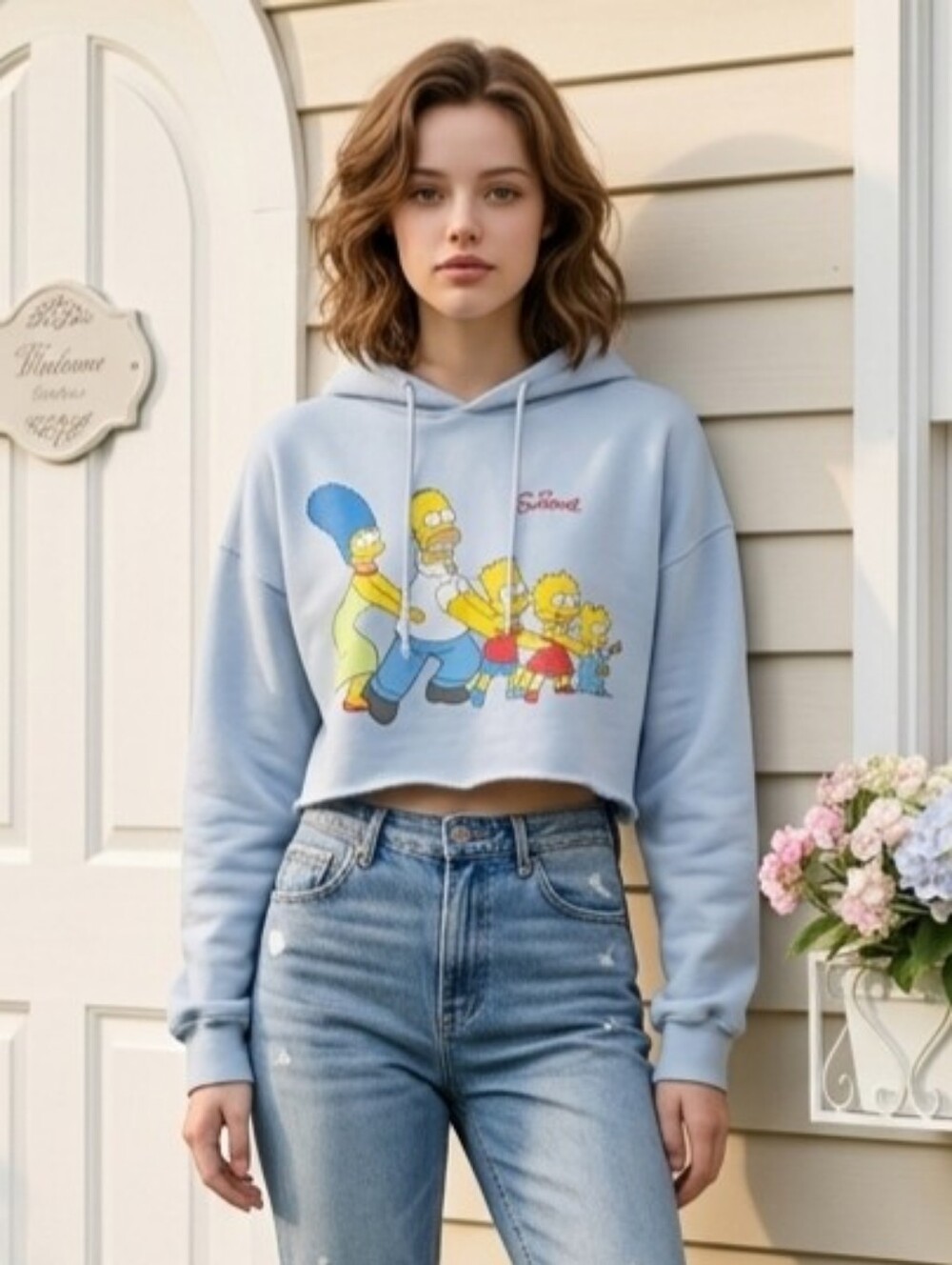 The Simpsons Cropped Blue Hoodie with Simpsons Graphic M Pre-owned
